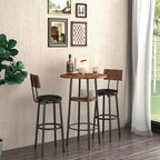 Ensemble table de bar ronde 3 pièces marron rustique et noir/gris pour 2, hauteur comptoir avec étagère et tabourets en cuir PU