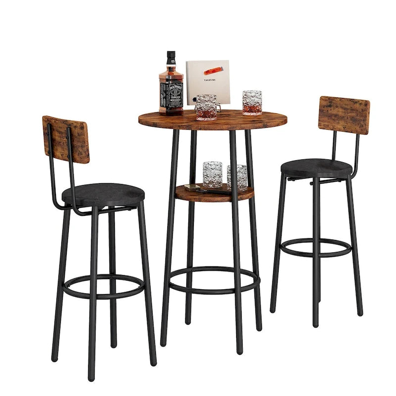Ensemble table de bar ronde 3 pièces marron rustique et noir/gris pour 2, hauteur comptoir avec étagère et tabourets en cuir PU