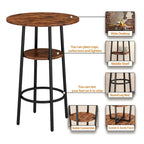 Ensemble table de bar ronde 3 pièces marron rustique et noir/gris pour 2, hauteur comptoir avec étagère et tabourets en cuir PU