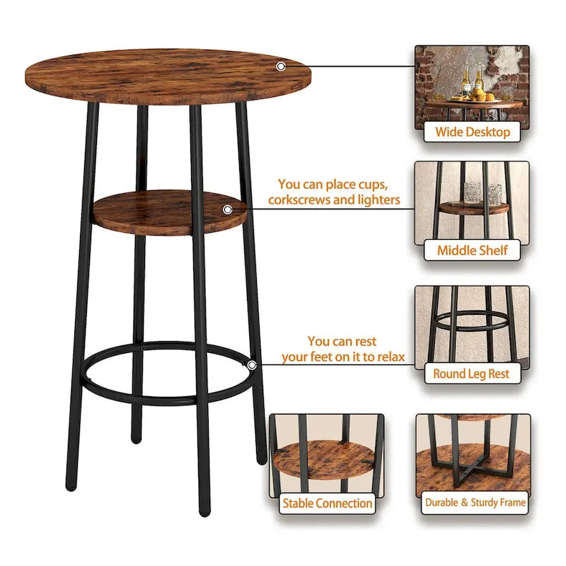 Ensemble table de bar ronde 3 pièces marron rustique et noir/gris pour 2, hauteur comptoir avec étagère et tabourets en cuir PU
