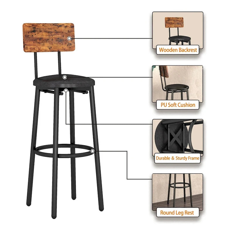 Ensemble table de bar ronde 3 pièces marron rustique et noir/gris pour 2, hauteur comptoir avec étagère et tabourets en cuir PU