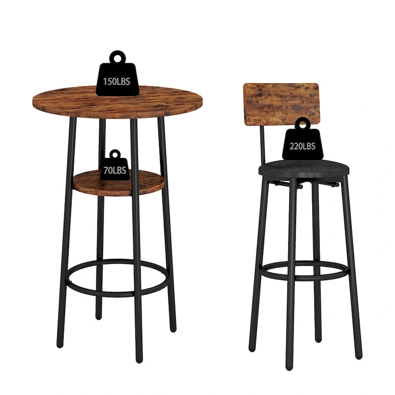 Ensemble table de bar ronde 3 pièces marron rustique et noir/gris pour 2, hauteur comptoir avec étagère et tabourets en cuir PU