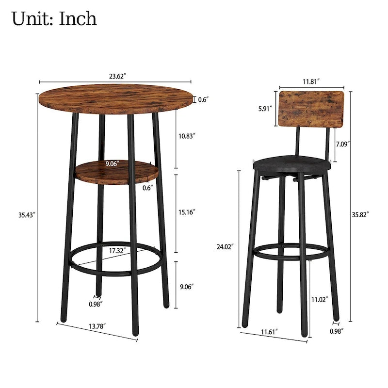 Ensemble table de bar ronde 3 pièces marron rustique et noir/gris pour 2, hauteur comptoir avec étagère et tabourets en cuir PU