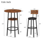 Ensemble table de bar ronde 3 pièces marron rustique et noir/gris pour 2, hauteur comptoir avec étagère et tabourets en cuir PU