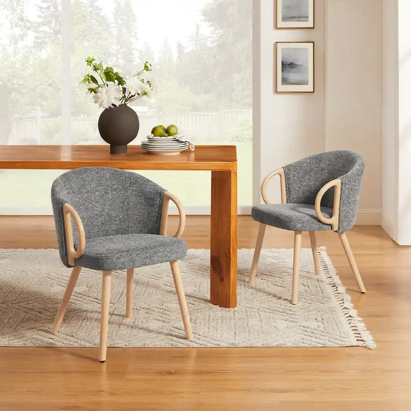Fabric Dining Chair with Semi-Circular Wood Armrest, Set of 2 (Yellow / Grey / Green / Orange / Beige)