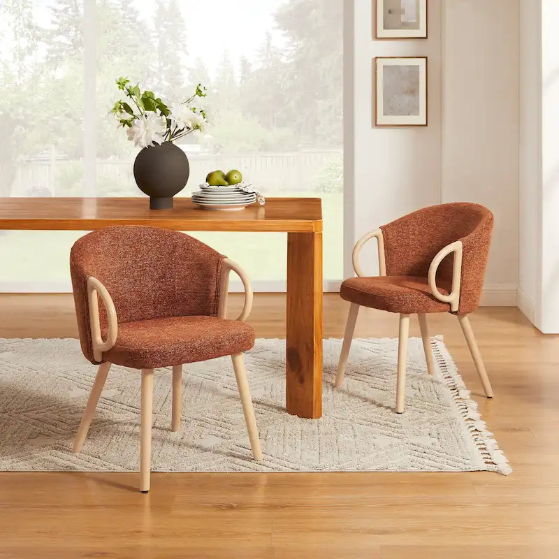 Fabric Dining Chair with Semi-Circular Wood Armrest, Set of 2 (Yellow / Grey / Green / Orange / Beige)