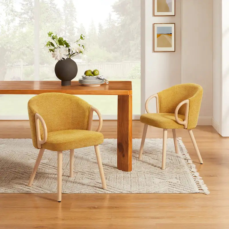 Chaise de salle à manger en tissu avec accoudoir semi-circulaire en bois, lot de 2 (jaune / gris / vert / orange / beige)