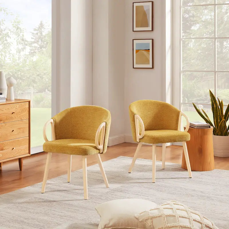 Chaise de salle à manger en tissu avec accoudoir semi-circulaire en bois, lot de 2 (jaune / gris / vert / orange / beige)