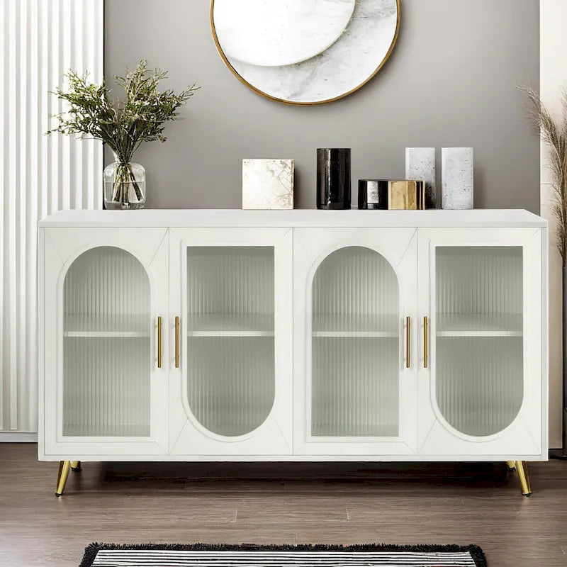 Console TV Buffet Vintage 2 Portes, Blanc Antique / Doré Antique / Bleu Marine