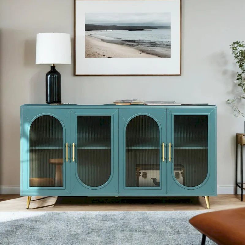 Console TV Buffet Vintage 2 Portes, Blanc Antique / Doré Antique / Bleu Marine
