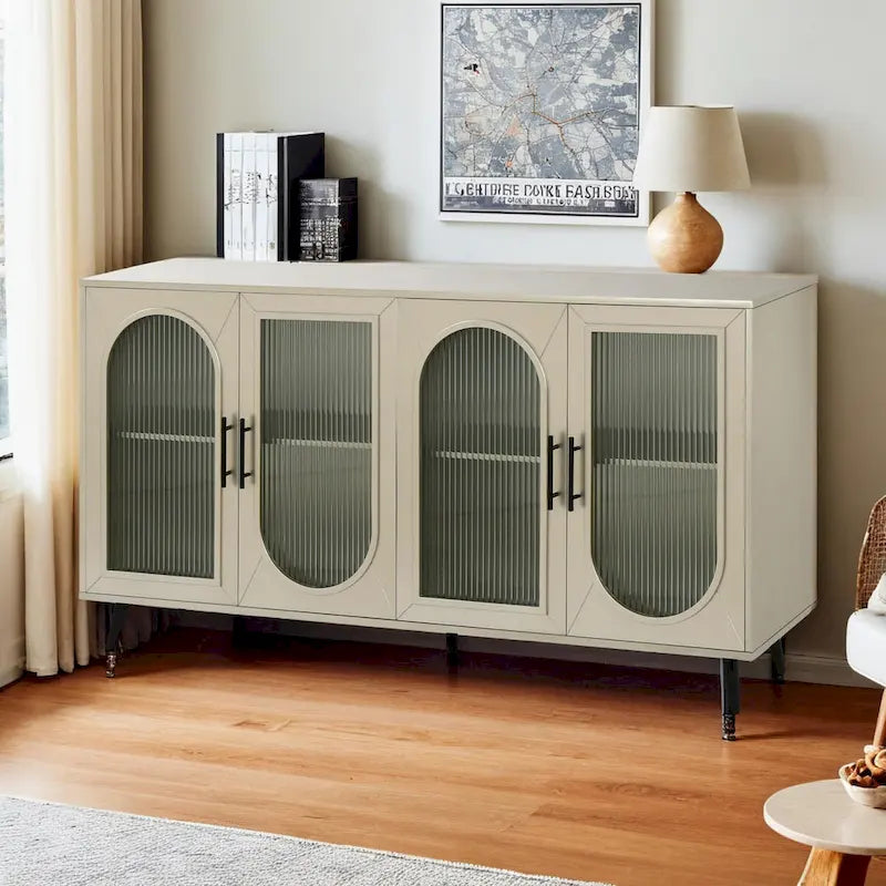 Console TV Buffet Vintage 2 Portes, Blanc Antique / Doré Antique / Bleu Marine