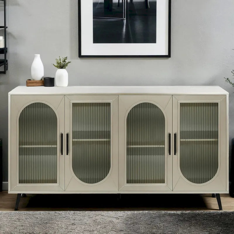Console TV Buffet Vintage 2 Portes, Blanc Antique / Doré Antique / Bleu Marine
