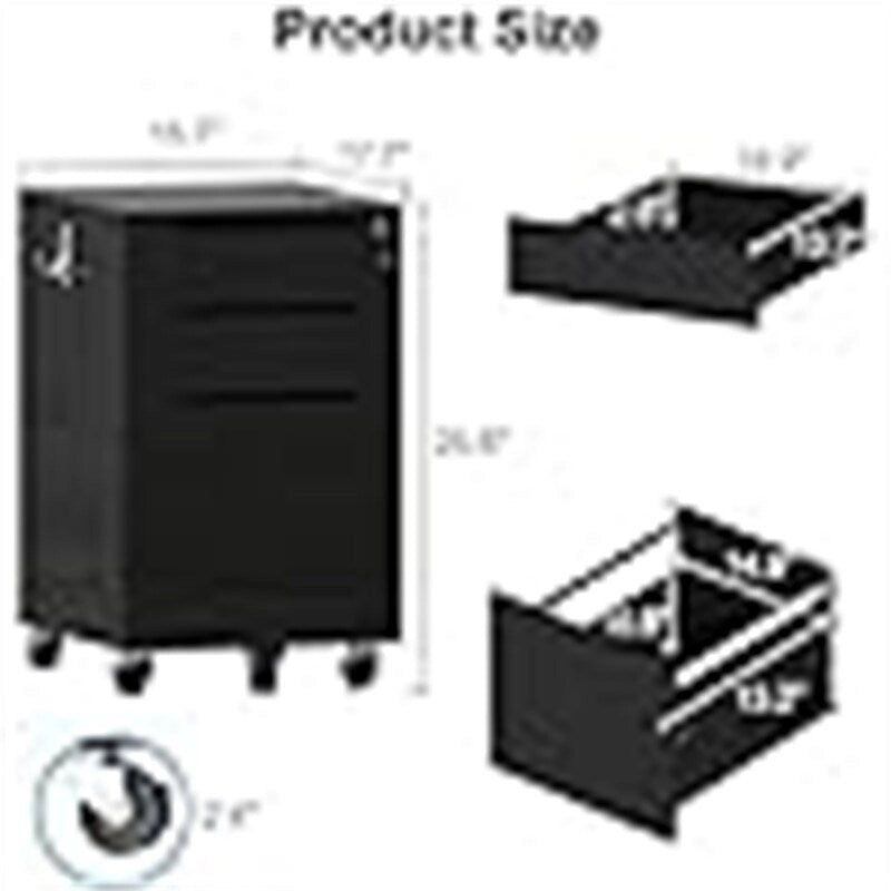 White / Black High-Gloss 3-Drawer Rolling File Cabinet, Locking, 1-Person