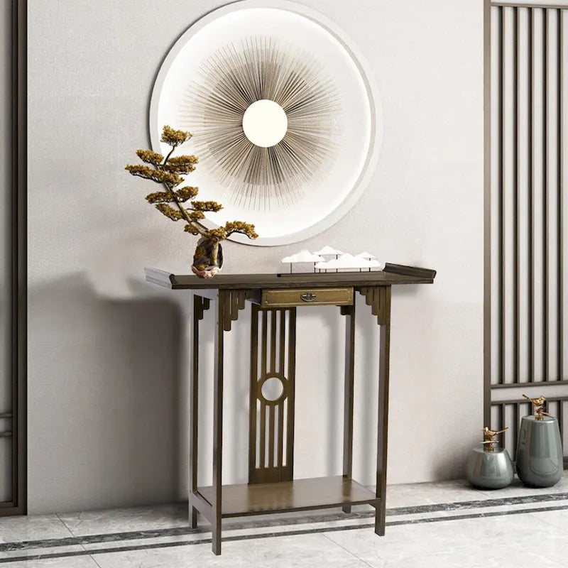 Brown Classic-Style Console Table with Drawer and Bottom Shelf