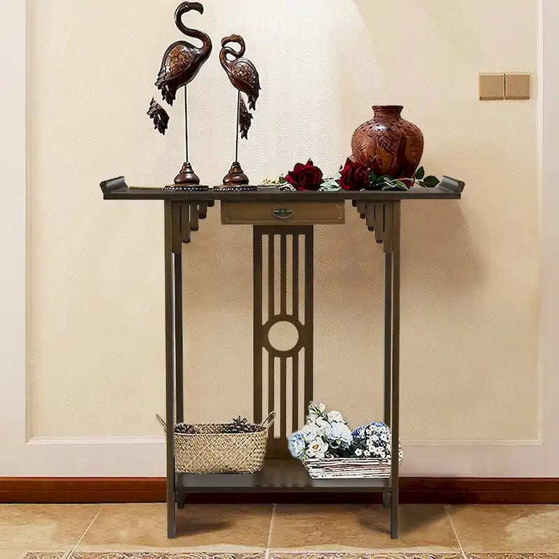 Brown Classic-Style Console Table with Drawer and Bottom Shelf