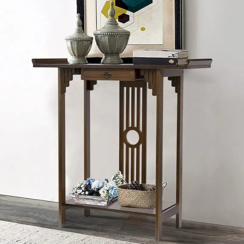 Brown Classic-Style Console Table with Drawer and Bottom Shelf