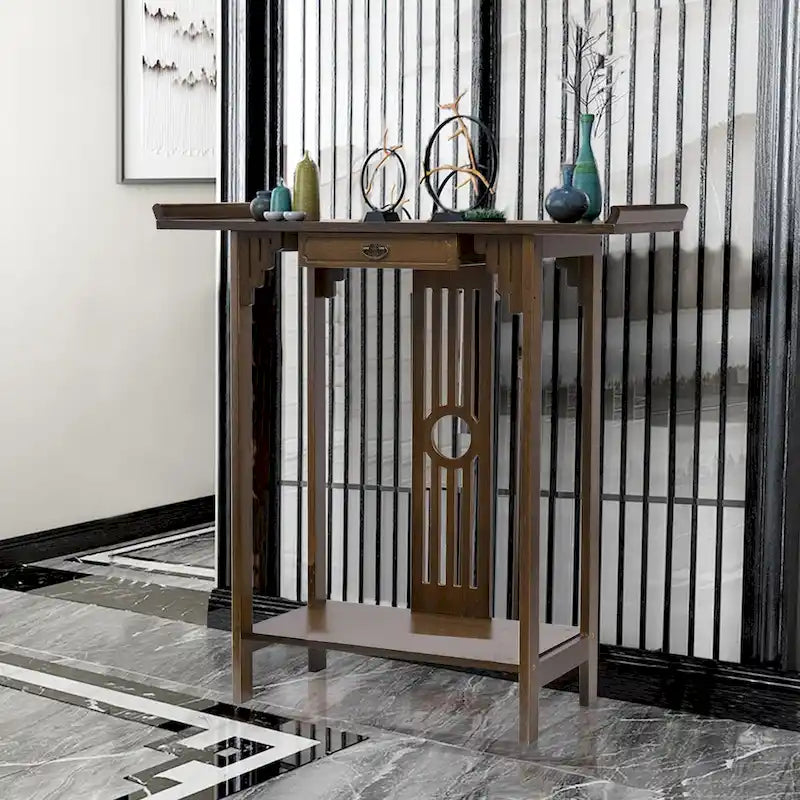 Brown Classic-Style Console Table with Drawer and Bottom Shelf