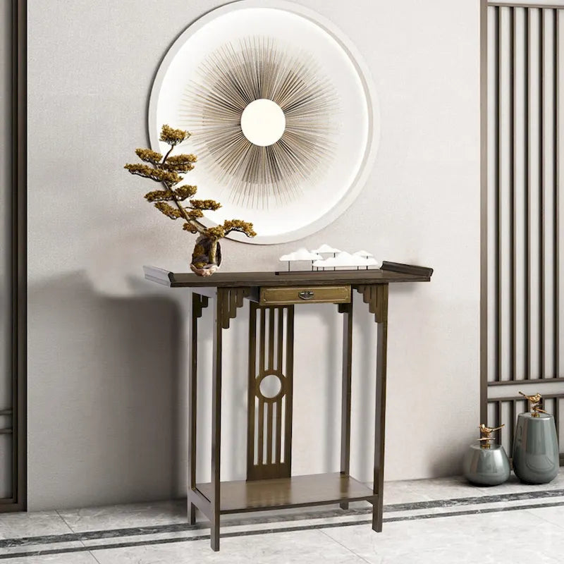 Brown Classic-Style Console Table with Drawer and Bottom Shelf