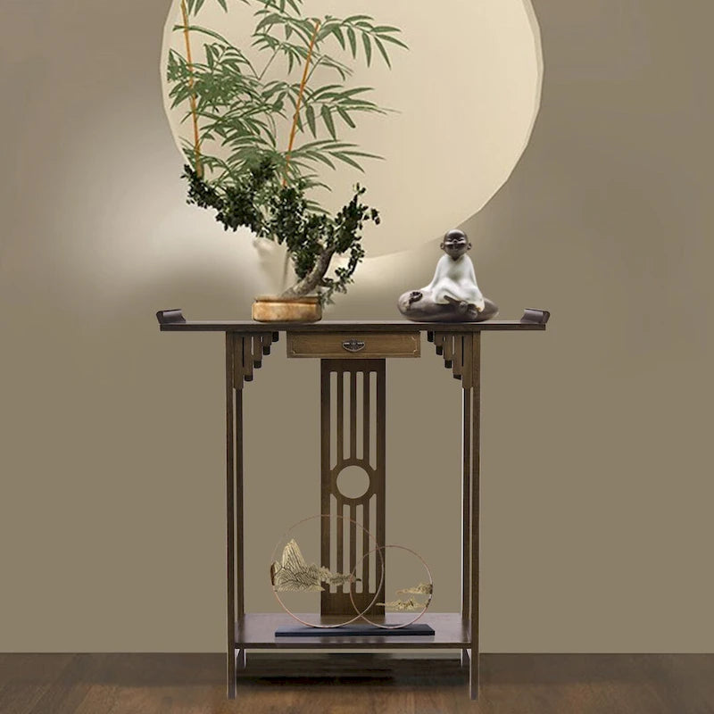 Brown Classic-Style Console Table with Drawer and Bottom Shelf