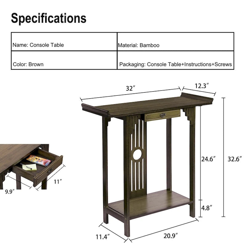 Brown Classic-Style Console Table with Drawer and Bottom Shelf