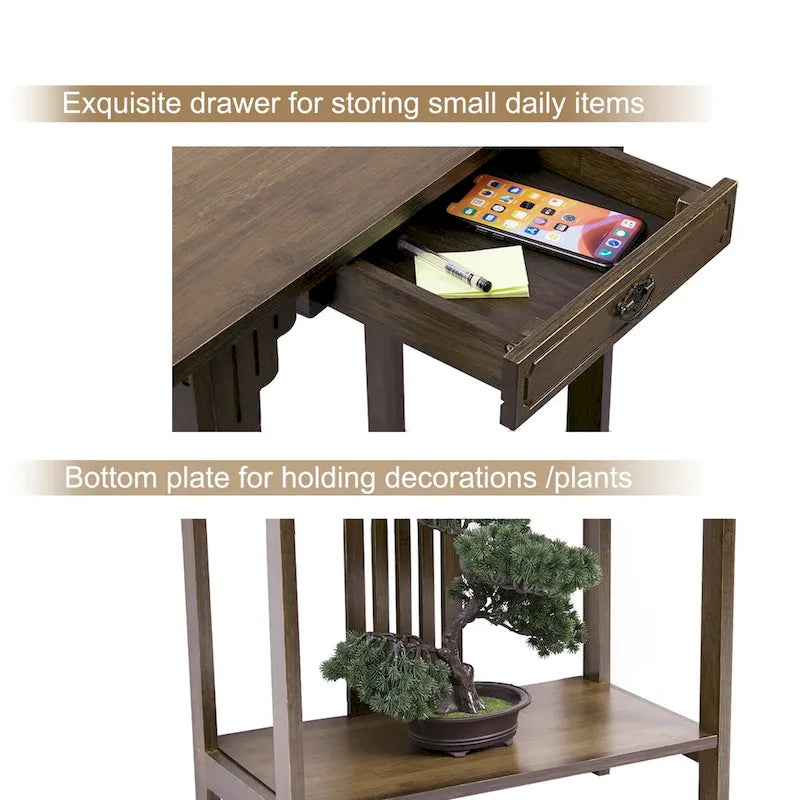 Brown Classic-Style Console Table with Drawer and Bottom Shelf
