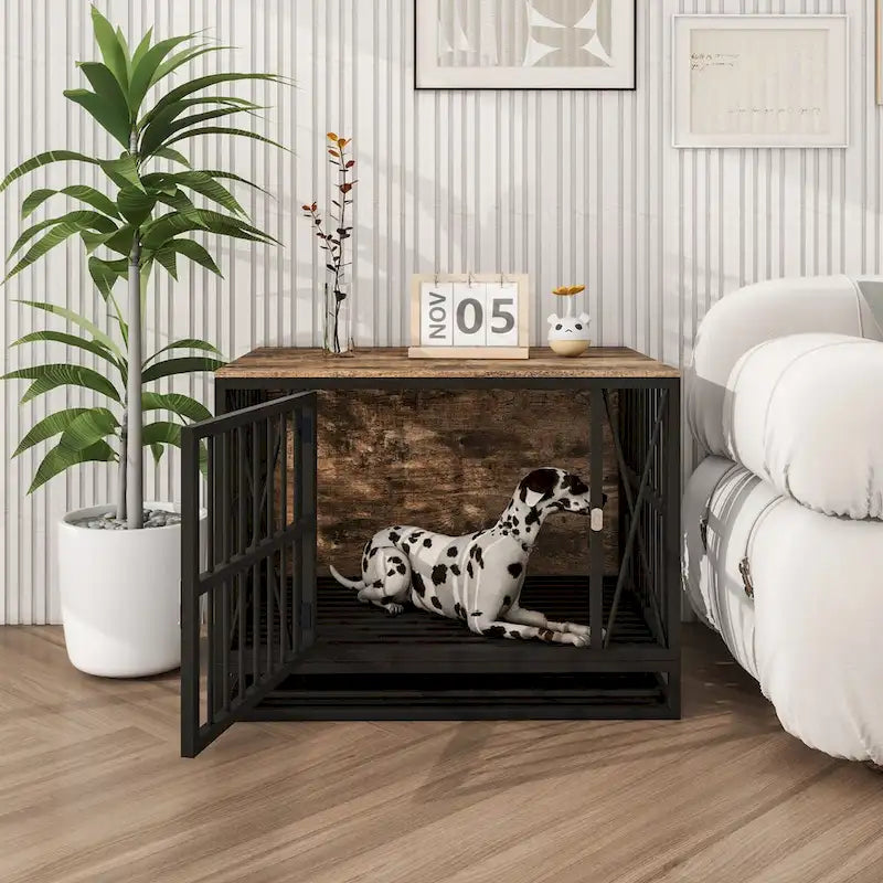 Table d'appoint niche pour chien en bois marron, 83 cm, chien unique, jusqu'à 32 kg