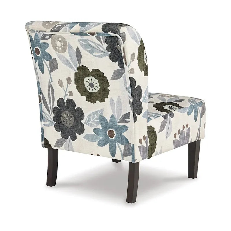 Ivory/Blue/Gray/Brown Floral Accent Chair, Armless, 1-Seat, Black Wood Legs