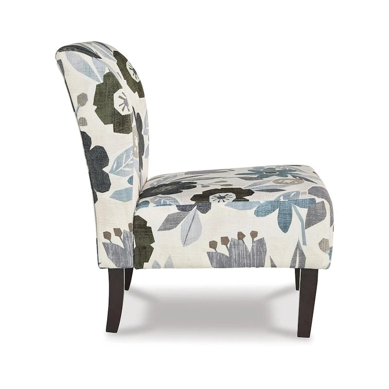 Ivory/Blue/Gray/Brown Floral Accent Chair, Armless, 1-Seat, Black Wood Legs