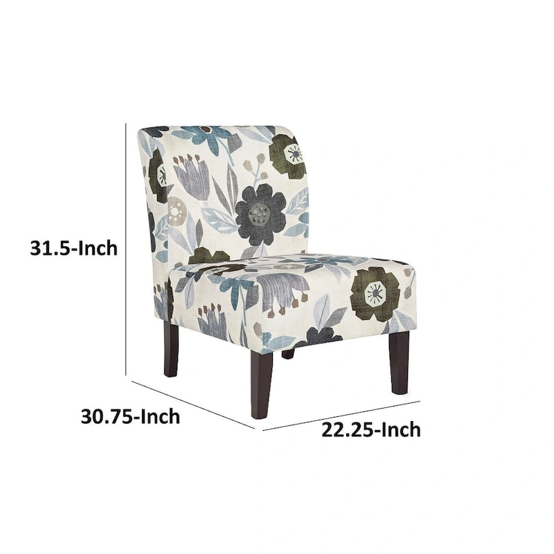 Ivory/Blue/Gray/Brown Floral Accent Chair, Armless, 1-Seat, Black Wood Legs