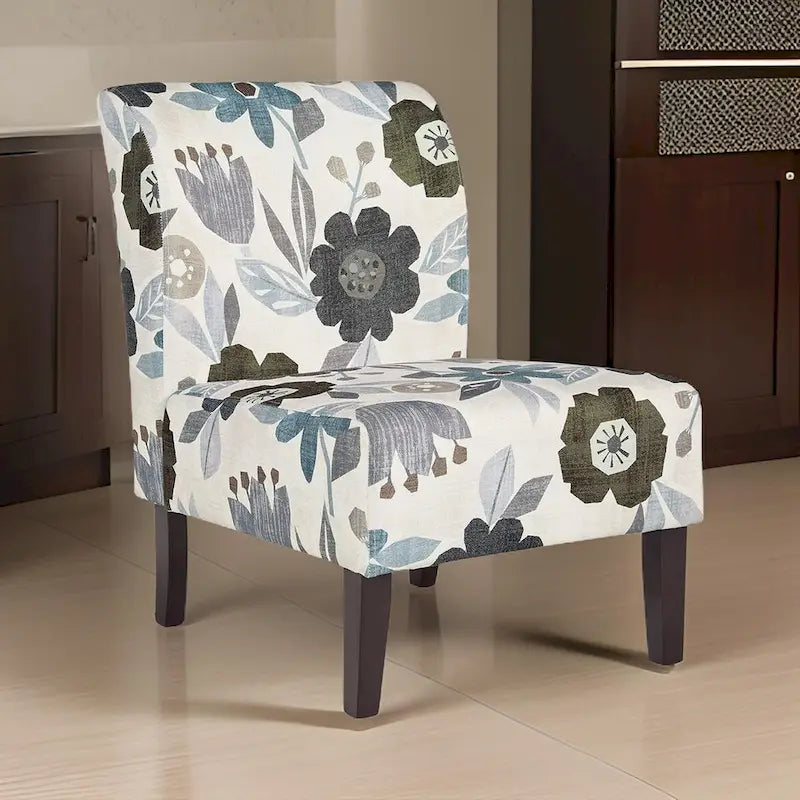 Ivory/Blue/Gray/Brown Floral Accent Chair, Armless, 1-Seat, Black Wood Legs