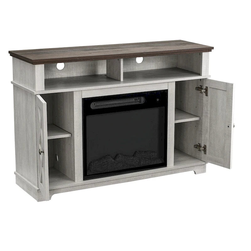 Meuble TV blanc de 122 cm avec cheminée électrique, convient aux téléviseurs jusqu'à 140 cm, assemblage par 1 personne