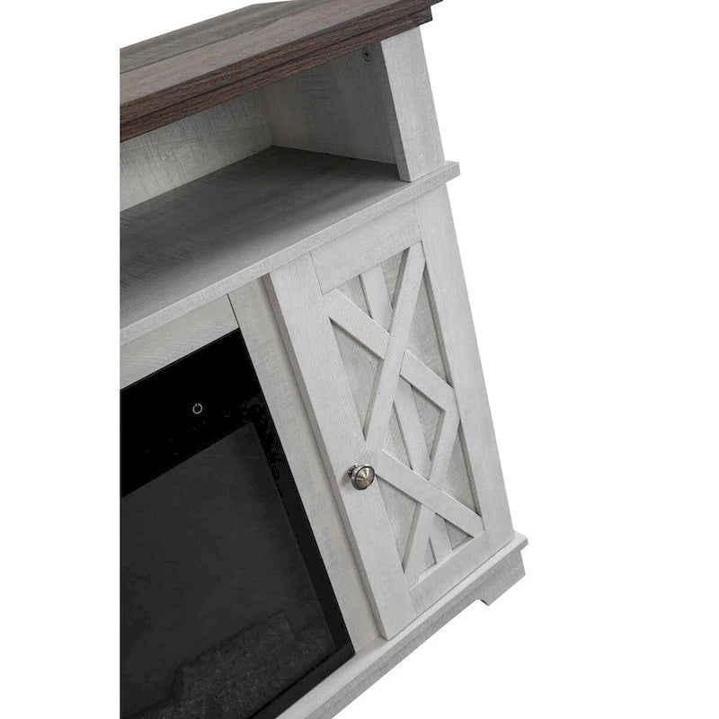 Meuble TV blanc de 122 cm avec cheminée électrique, convient aux téléviseurs jusqu'à 140 cm, assemblage par 1 personne