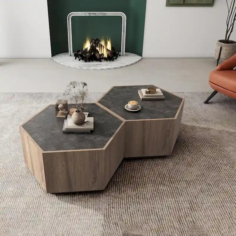 Brown Hexagonal Wood Coffee Table Set, 2-Person, Set of 2