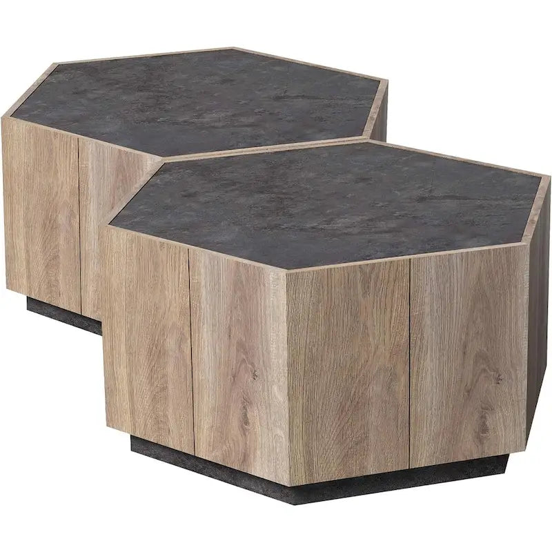 Brown Hexagonal Wood Coffee Table Set, 2-Person, Set of 2