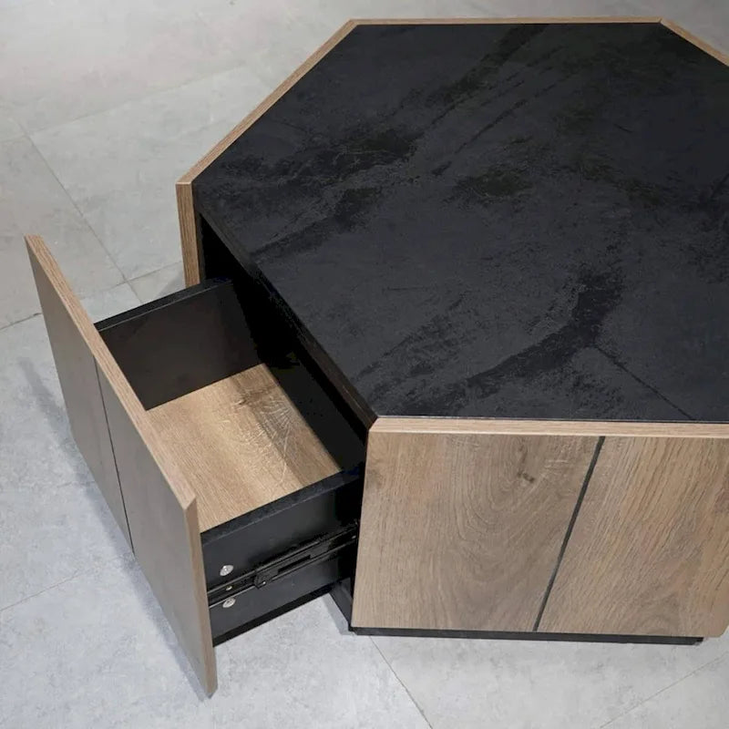 Brown Hexagonal Wood Coffee Table Set, 2-Person, Set of 2