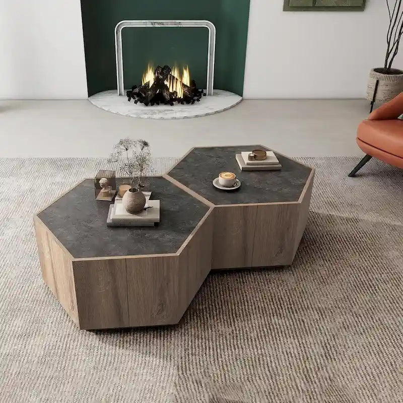 Brown Hexagonal Wood Coffee Table Set, 2-Person, Set of 2