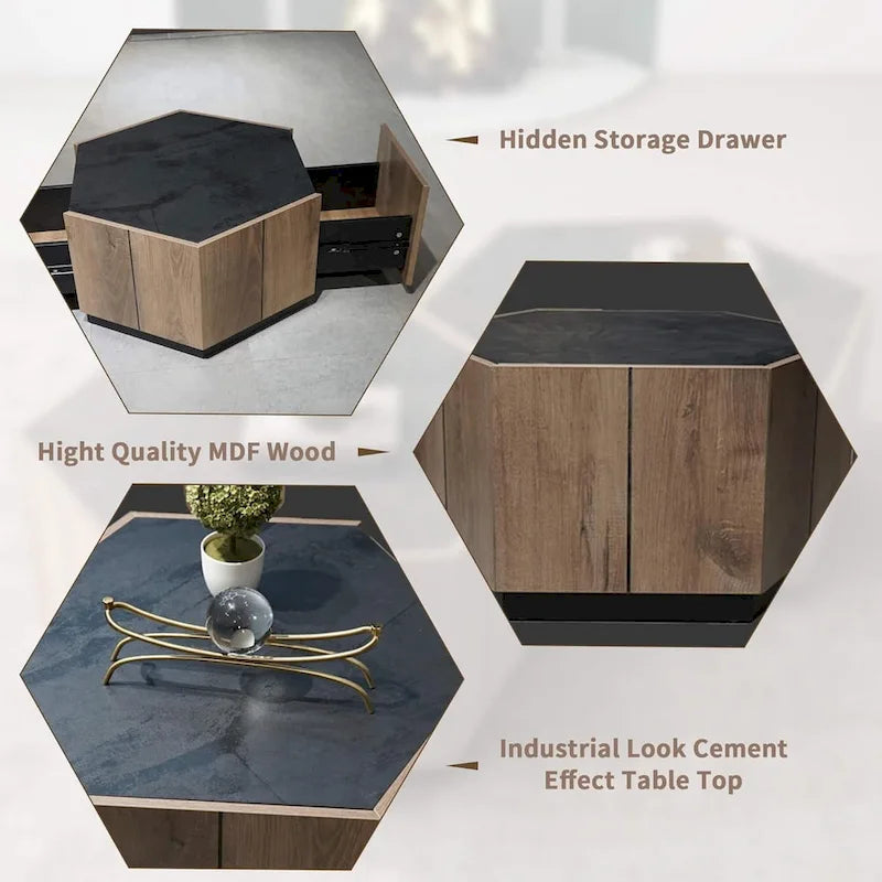 Brown Hexagonal Wood Coffee Table Set, 2-Person, Set of 2