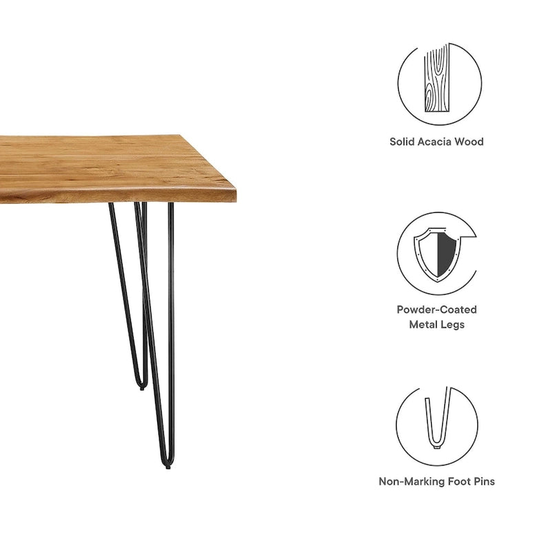 Black Natural Live Edge Acacia Wood Dining Table, Hairpin Legs, Seats up to 6