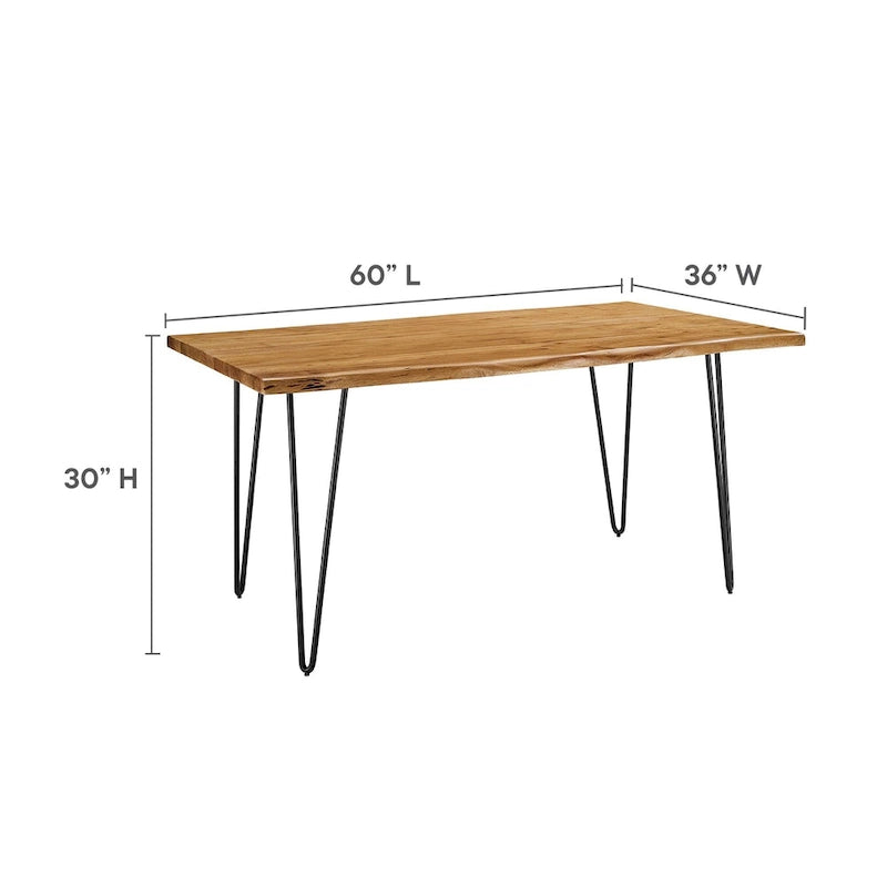 Black Natural Live Edge Acacia Wood Dining Table, Hairpin Legs, Seats up to 6