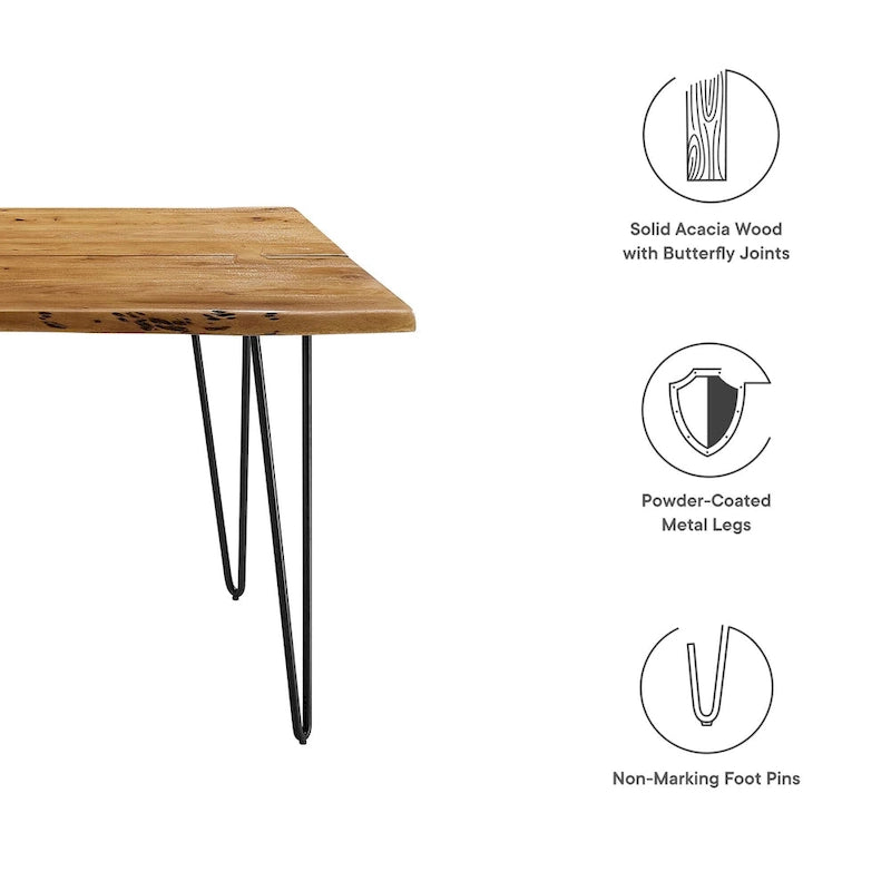 Black Natural Live Edge Acacia Wood Dining Table, Hairpin Legs, Seats up to 6