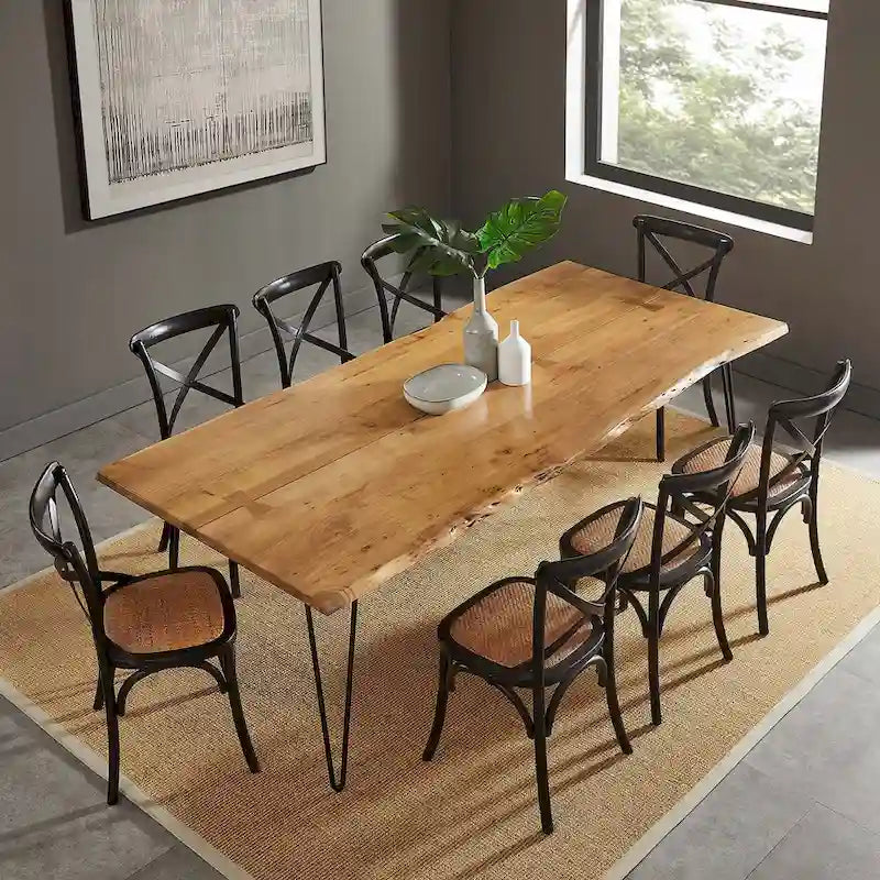 Black Natural Live Edge Acacia Wood Dining Table, Hairpin Legs, Seats up to 6