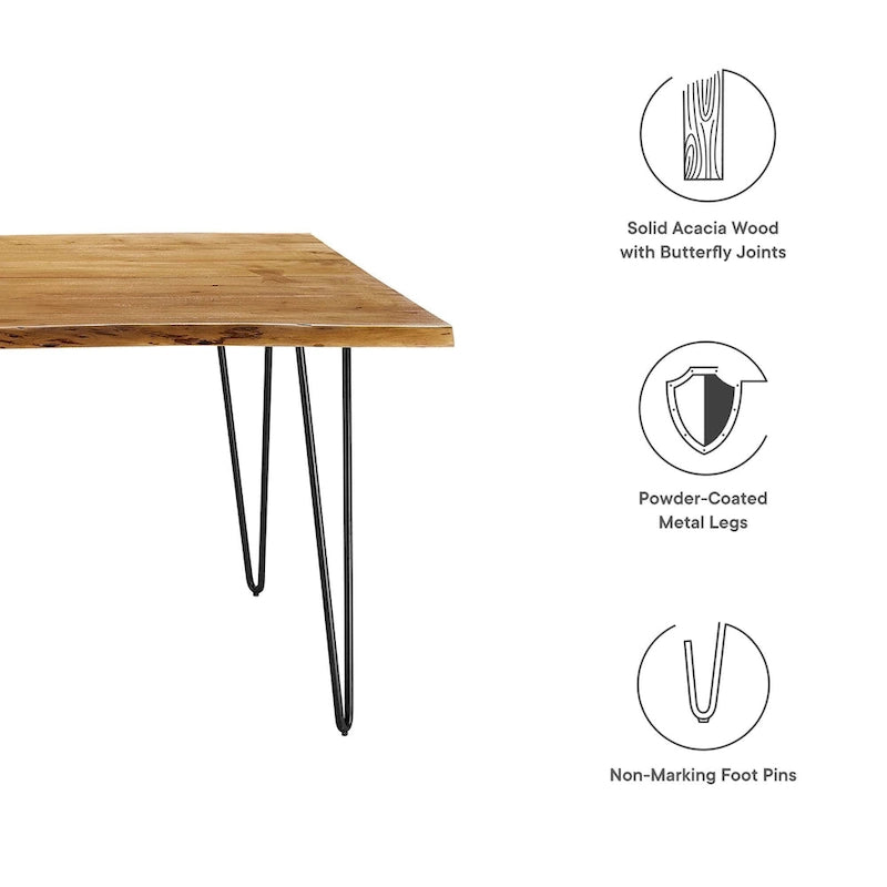 Black Natural Live Edge Acacia Wood Dining Table, Hairpin Legs, Seats up to 6