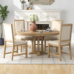 Natural Wood Wash / Black Extendable Round Dining Table Set with 4 Upholstered Chairs, Seats 6