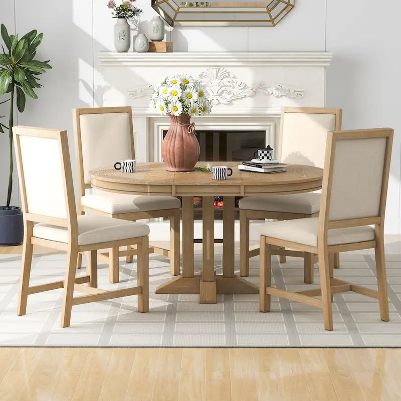 Natural Wood Wash / Black Extendable Round Dining Table Set with 4 Upholstered Chairs, Seats 6
