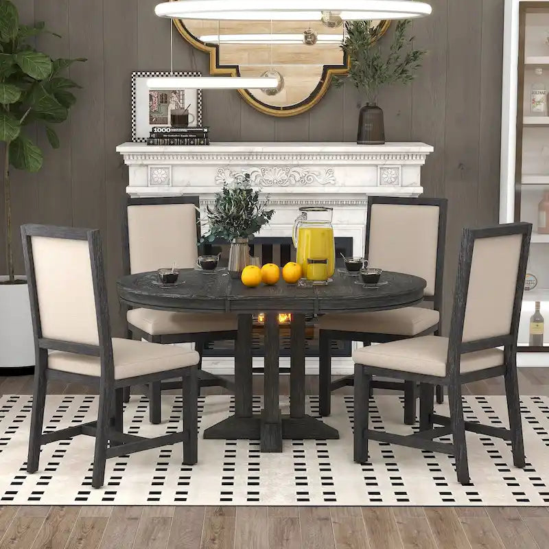 Natural Wood Wash / Black Extendable Round Dining Table Set with 4 Upholstered Chairs, Seats 6