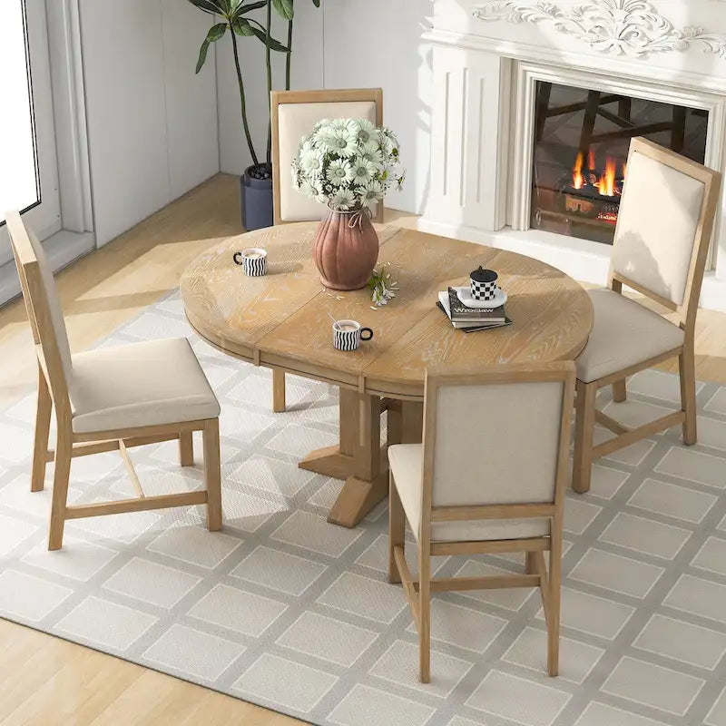 Natural Wood Wash / Black Extendable Round Dining Table Set with 4 Upholstered Chairs, Seats 6