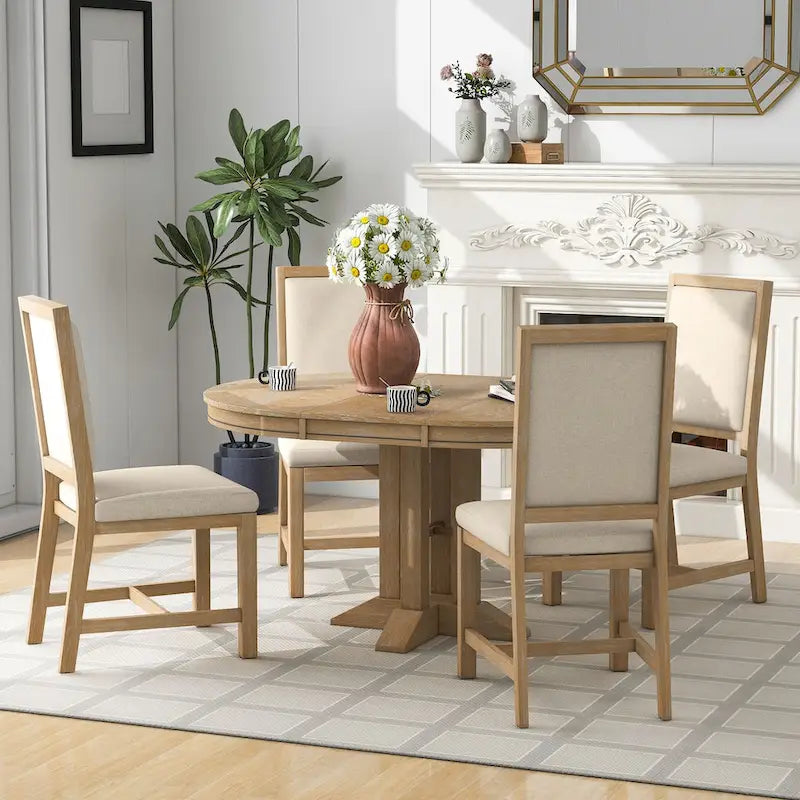 Natural Wood Wash / Black Extendable Round Dining Table Set with 4 Upholstered Chairs, Seats 6