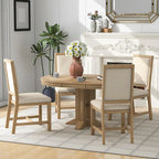 Natural Wood Wash / Black Extendable Round Dining Table Set with 4 Upholstered Chairs, Seats 6
