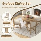 Natural Wood Wash / Black Extendable Round Dining Table Set with 4 Upholstered Chairs, Seats 6