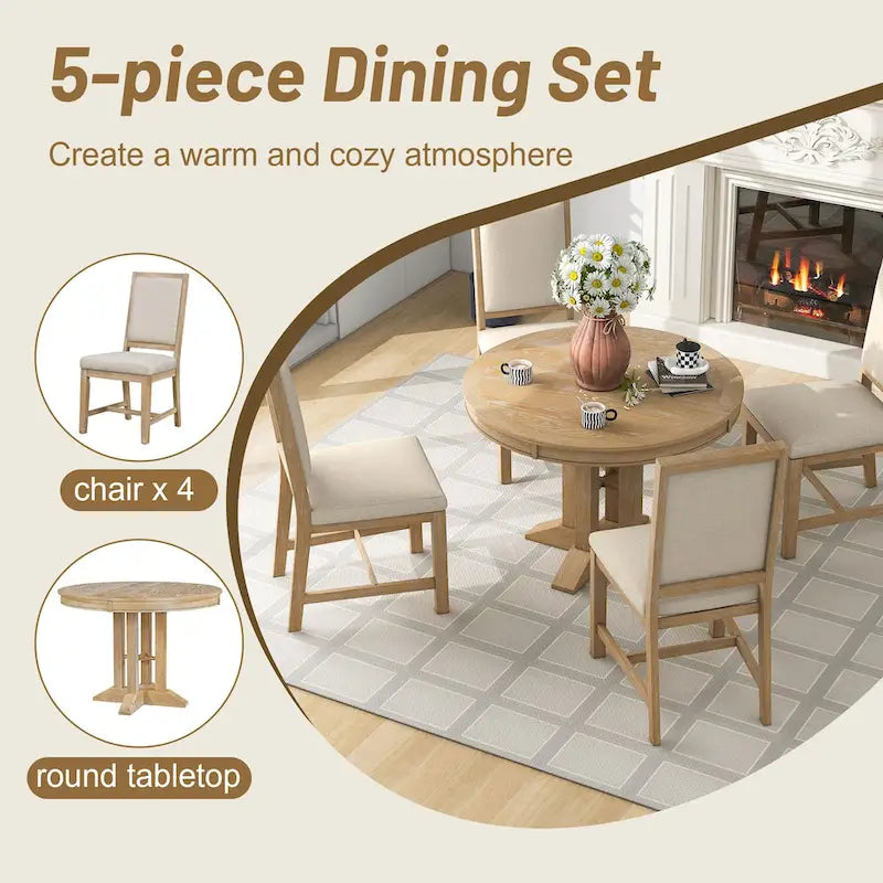 Natural Wood Wash / Black Extendable Round Dining Table Set with 4 Upholstered Chairs, Seats 6